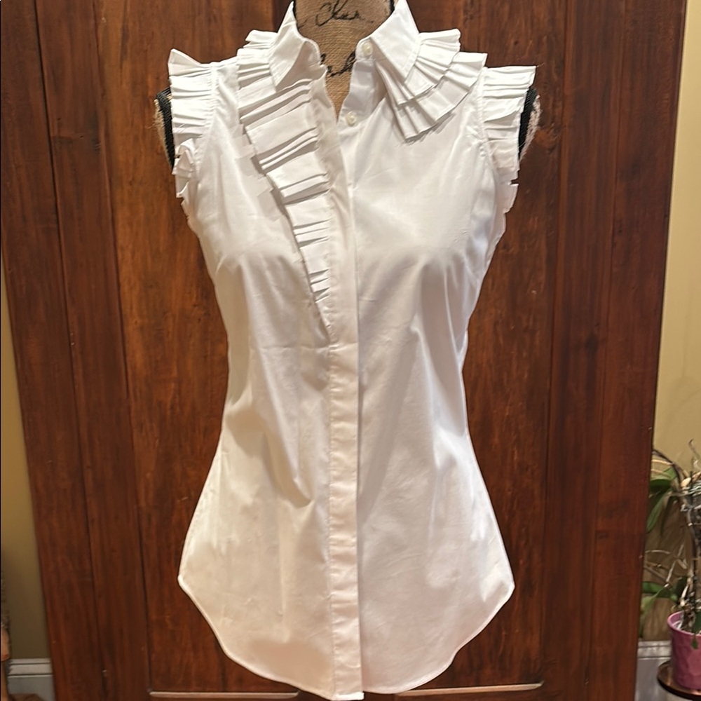 White Sleeveless Ruffled Button Down Blouse